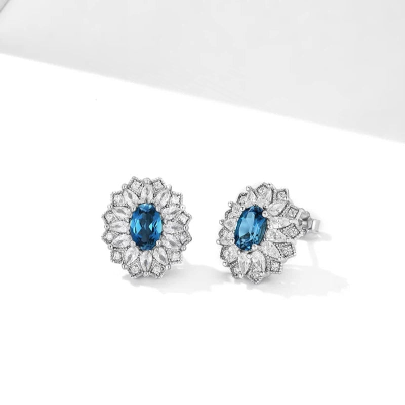 Topaz London Blue Sunflower Earrings S925 Silver Women's Style