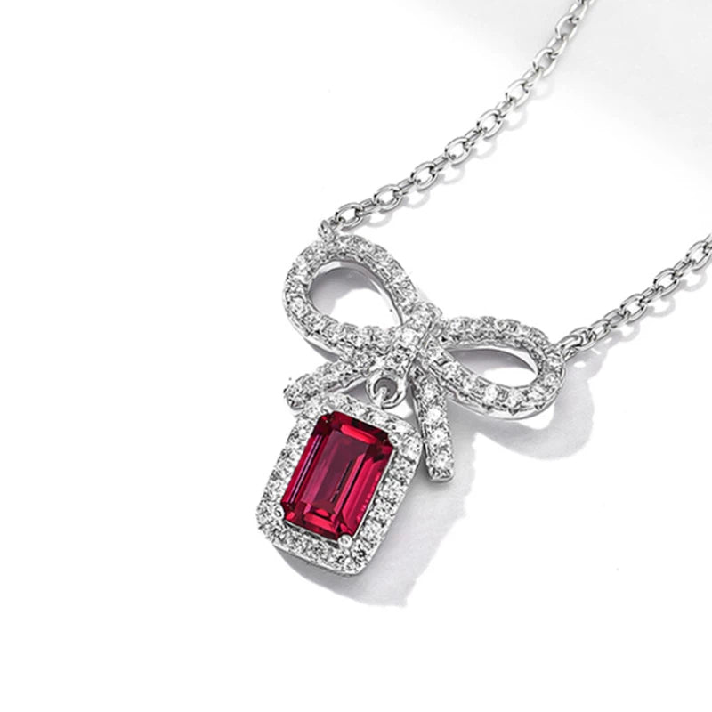 Ruby Small Square Sugar Bowknot Necklace Women's Style S925 Silver