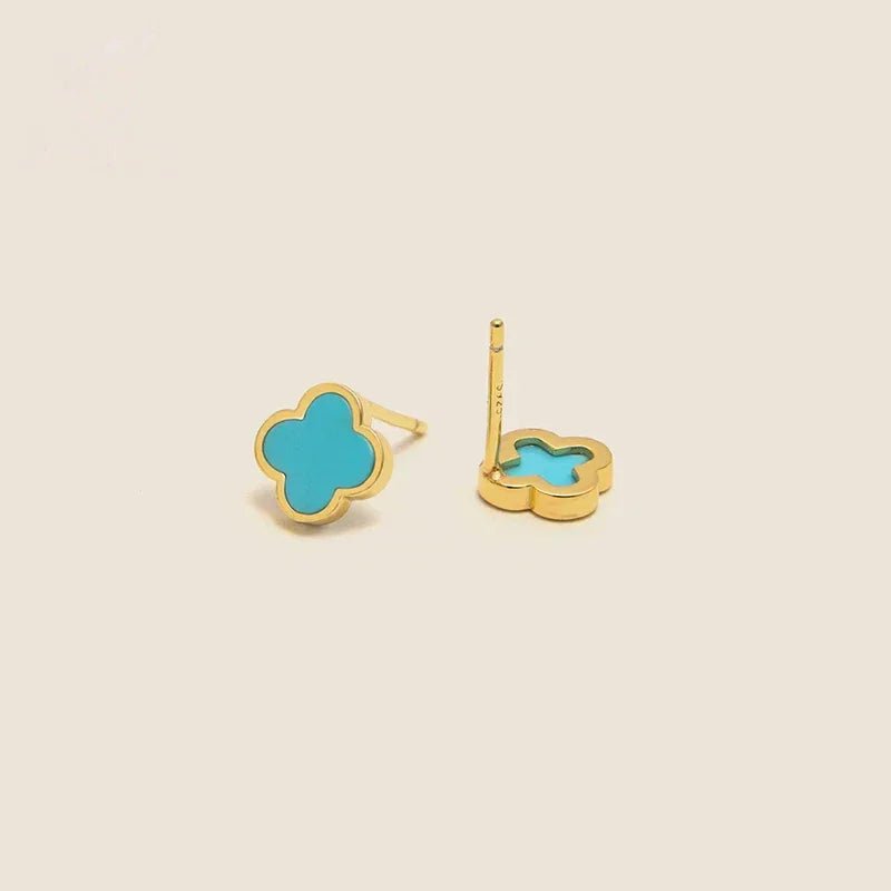 18K Gold Natural Turquoise Clover Earrings - OOAKB