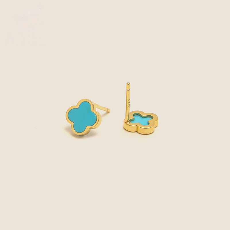 18K Gold Natural Turquoise Clover Earrings