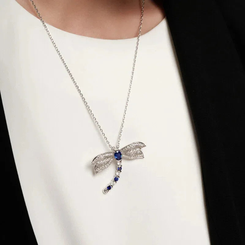 Sapphire S925 Silver Retro Dragonfly 2-in-1 Brooch Necklace - OOAKB