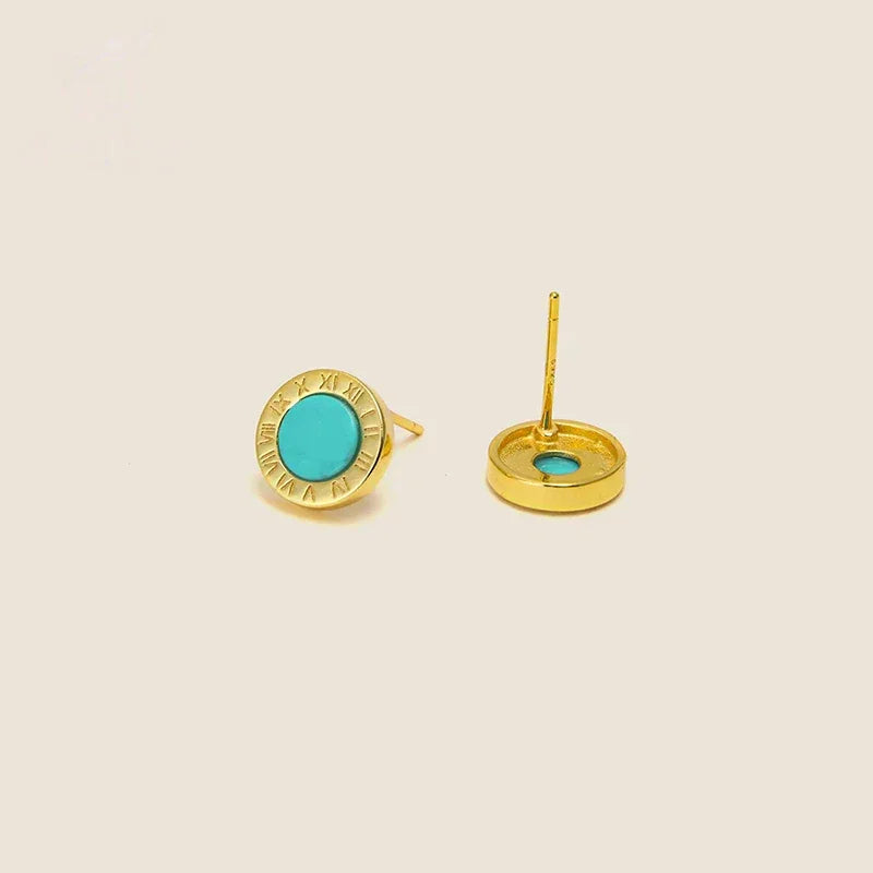 Natural Turquoise Roman Numeral Round Earrings - OOAKB