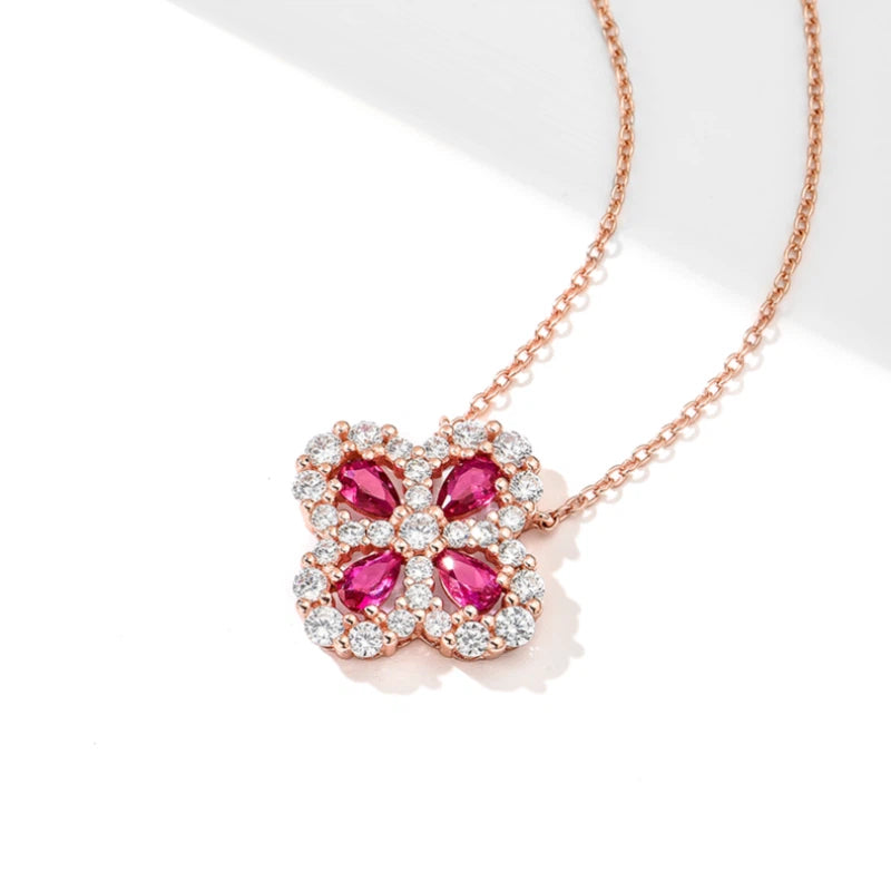 Hollow Four-Leaf Clover Ruby Necklace S925 Silver Women's Style