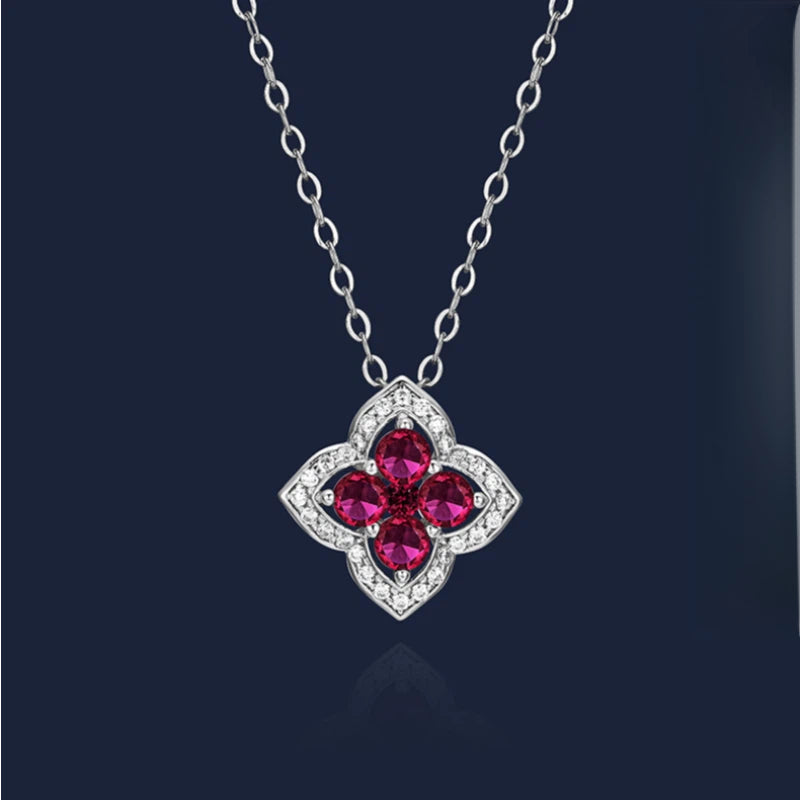Four-Leaf Clover Ruby Necklace S925 Silver Women's Style