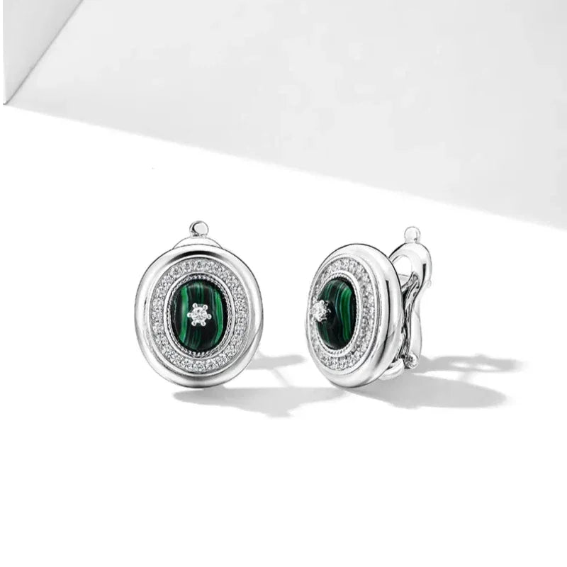 Full Diamond Cabochon Malachite Earrings - OOAKB