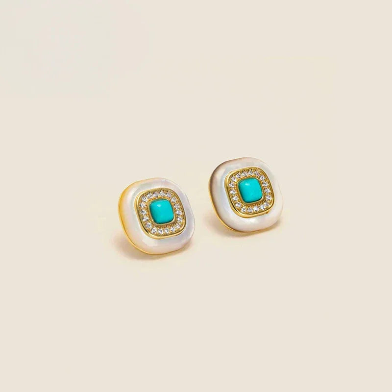 Turquoise Square White Mother of Pearl S925 Silver Earrings - OOAKB