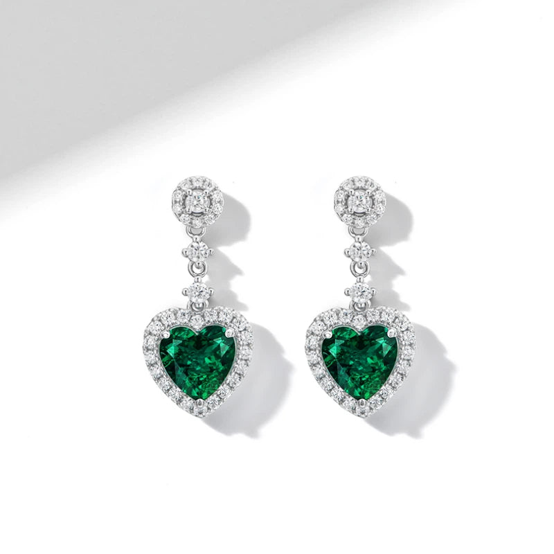 Emerald Heart Drop Earrings S925 Silver Women's Style