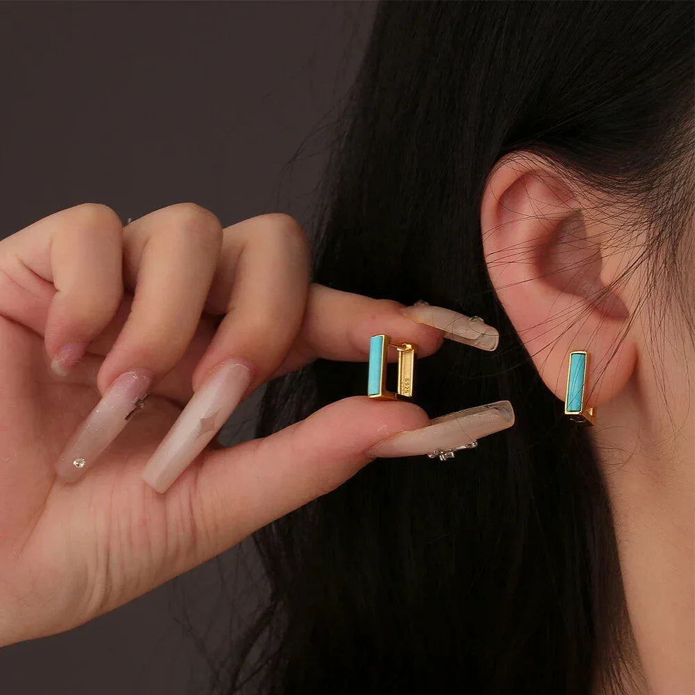 Turquoise Rectangular S925 Silver Plated 18K Gold Ear Cuffs - OOAKB