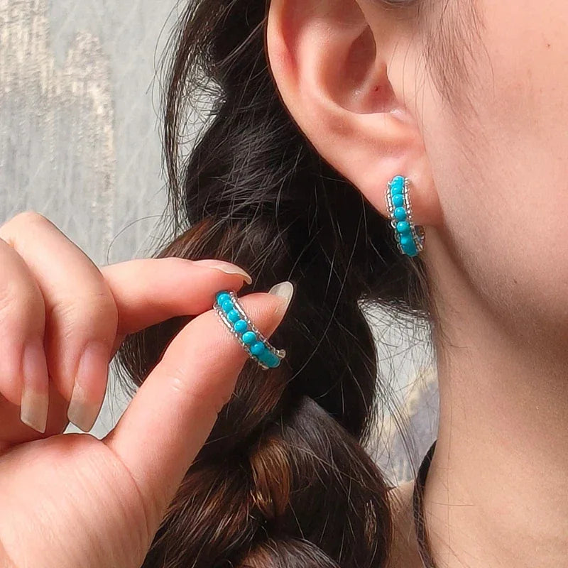Natural American Turquoise Millet Bead U-Shaped Oval Earrings - OOAKB