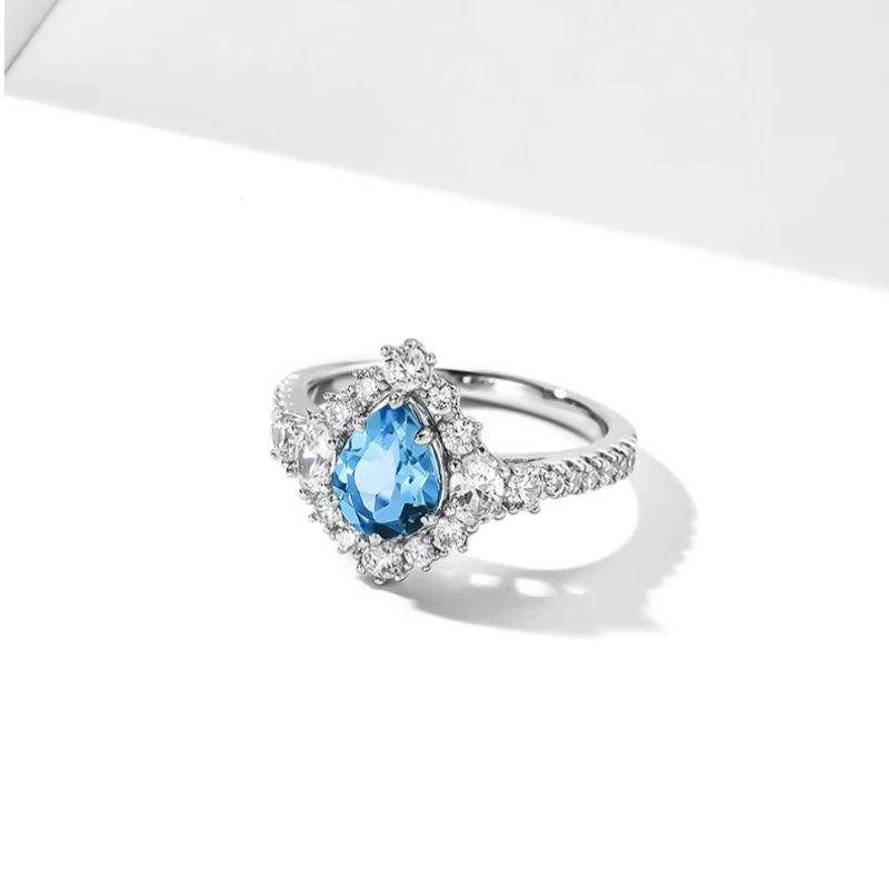 Natural Topaz Ice Blue Small Water Drop Ring Women's Style