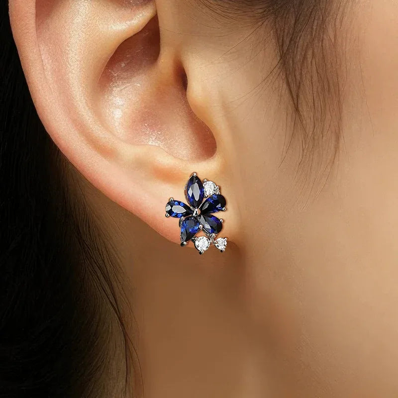 Sapphire S925 Silver Five-Petal Flower Earrings - OOAKB