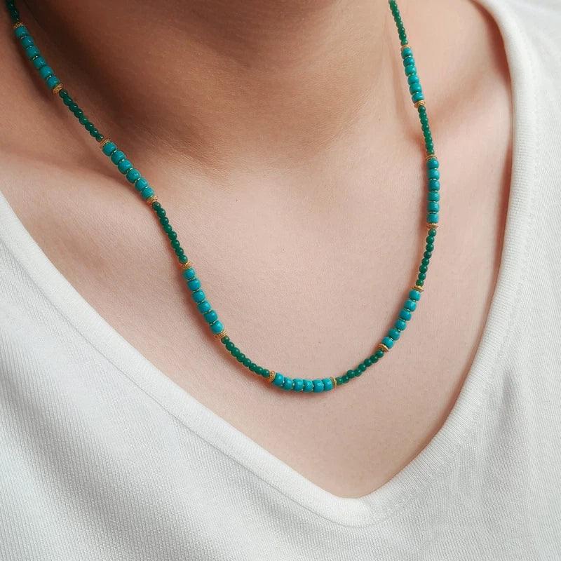 Natural Turquoise Straight-Cut & Round Bead Luxury Necklace - OOAKB