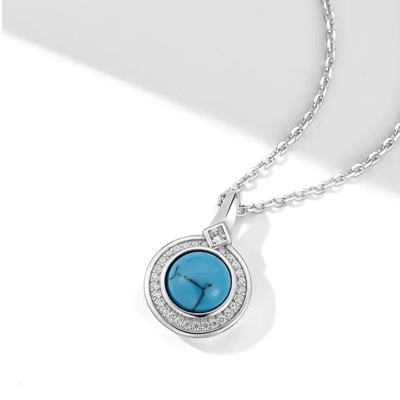 Round Disc Turquoise Necklace S925 Silver Women's Style - OOAKB