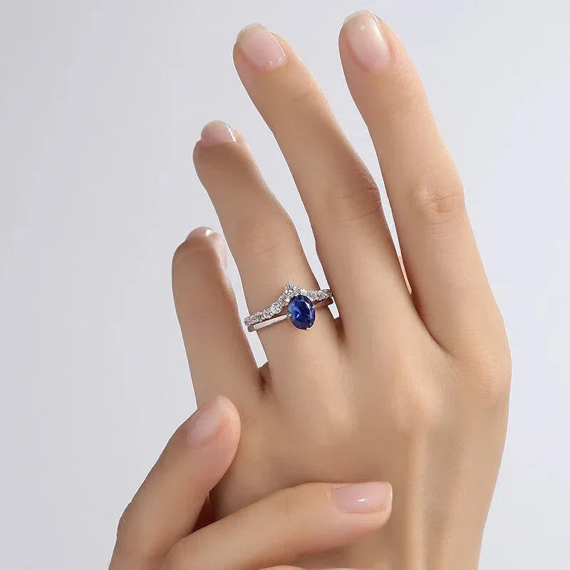 Sapphire S925 Silver Rhodium-Plated Zircon Surround Stackable Ring - OOAKB