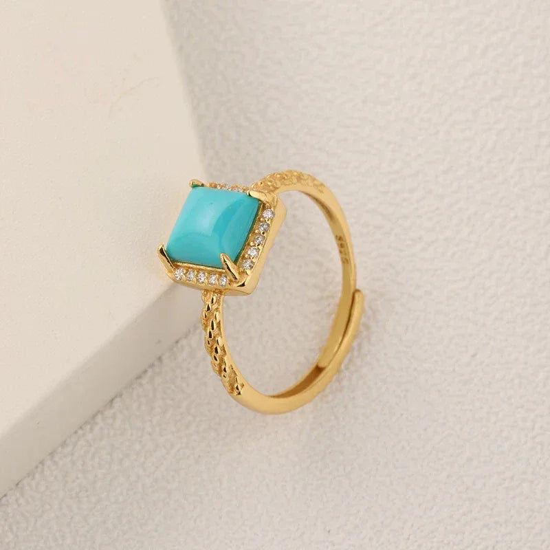 Turquoise Square S925 Silver Open Ring - OOAKB