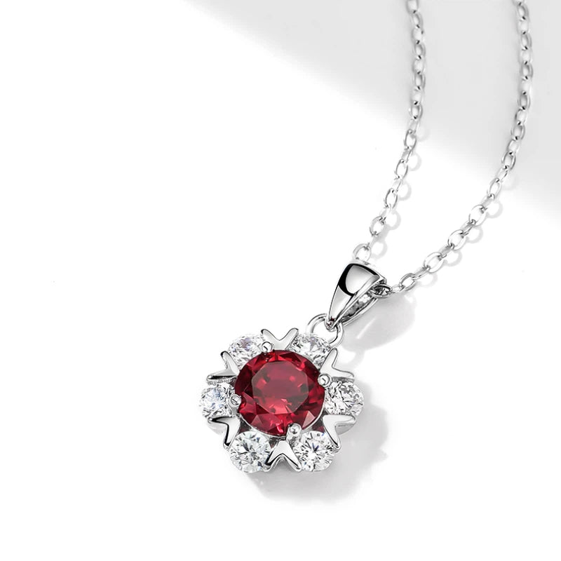 S925 Silver Pigeon Blood Ruby Flower Necklace Women's Style