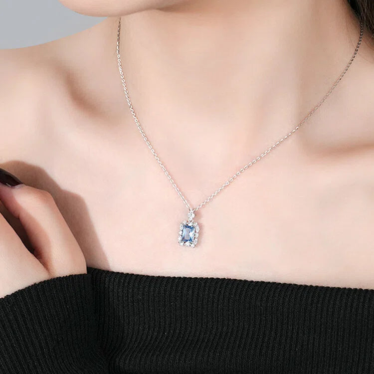 Blue Topaz S925 Silver Square Candy Necklace