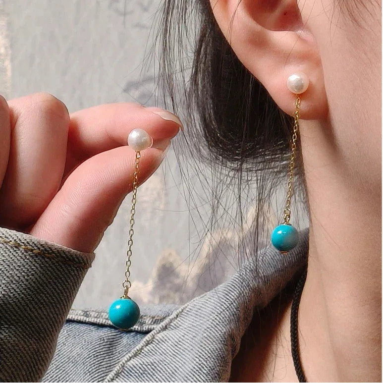 Natural Turquoise Round Bead Pearl Long Luxury Earrings - OOAKB