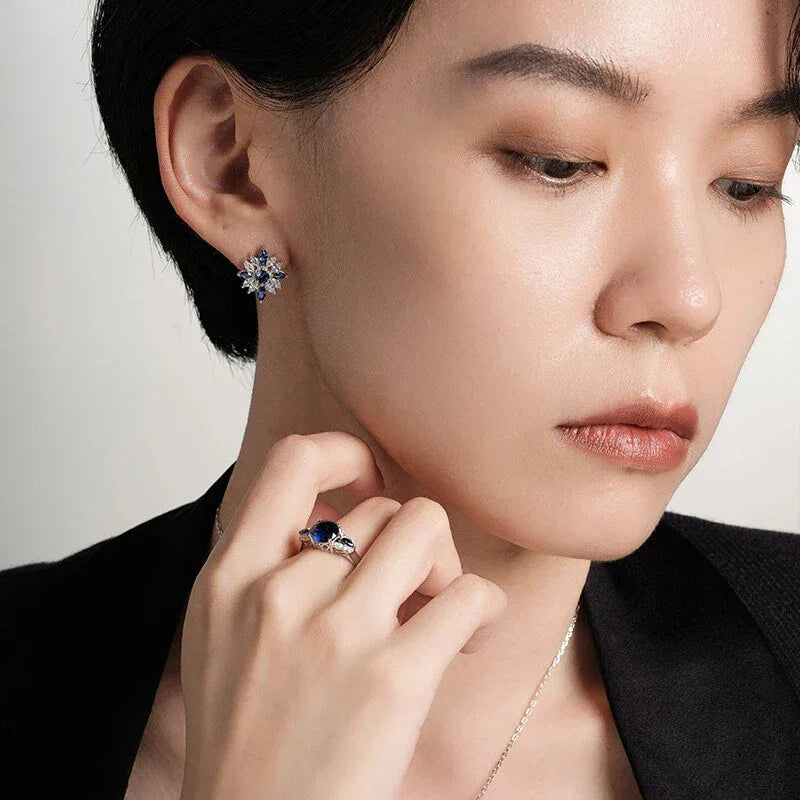 Sapphire S925 Silver Snowflake Shape Earrings - OOAKB
