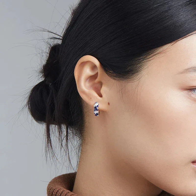 Sapphire S925 Silver Rhodium-Plated Stacked Gem Hoop Earrings - OOAKB