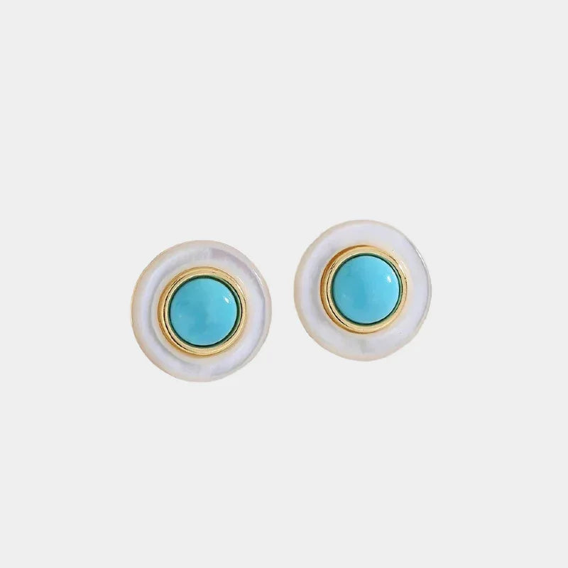 Turquoise Round Mother of Pearl S925 Silver Earrings - OOAKB