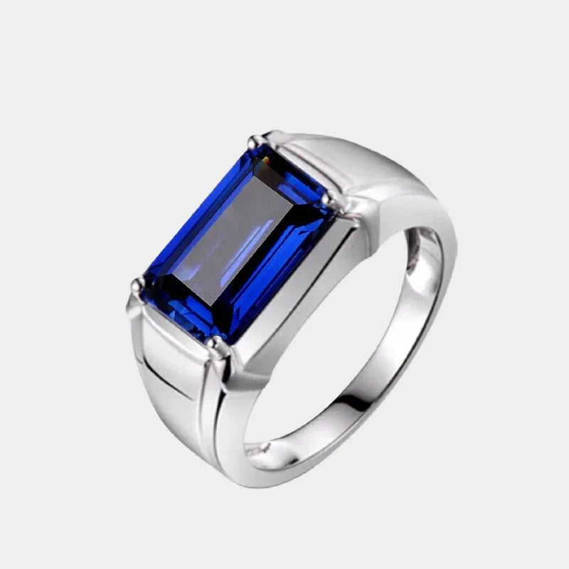 S925 Sterling Silver Plated White Gold Sapphire Men's Ring - OOAKB
