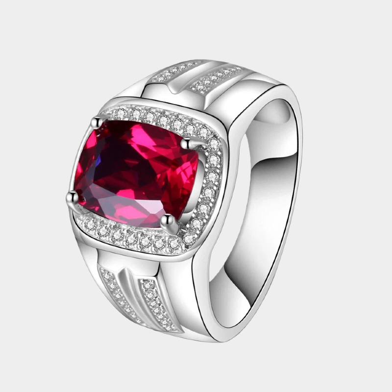 Silver Thick Plated White Gold Precision-Cut Ruby Men's Ring