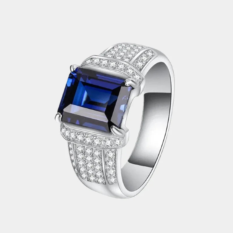 Silver Thick Gold Plated Rectangular Sapphire Men's Ring - OOAKB