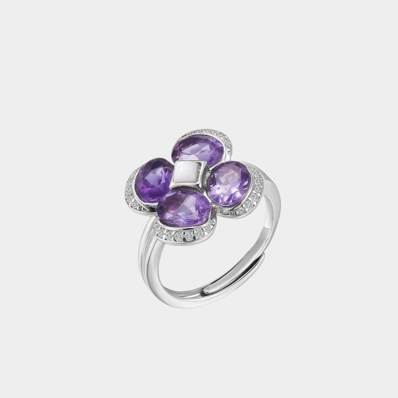Lucky Clover Series Natural Amethyst Four-Leaf Clover S925 Silver Ring