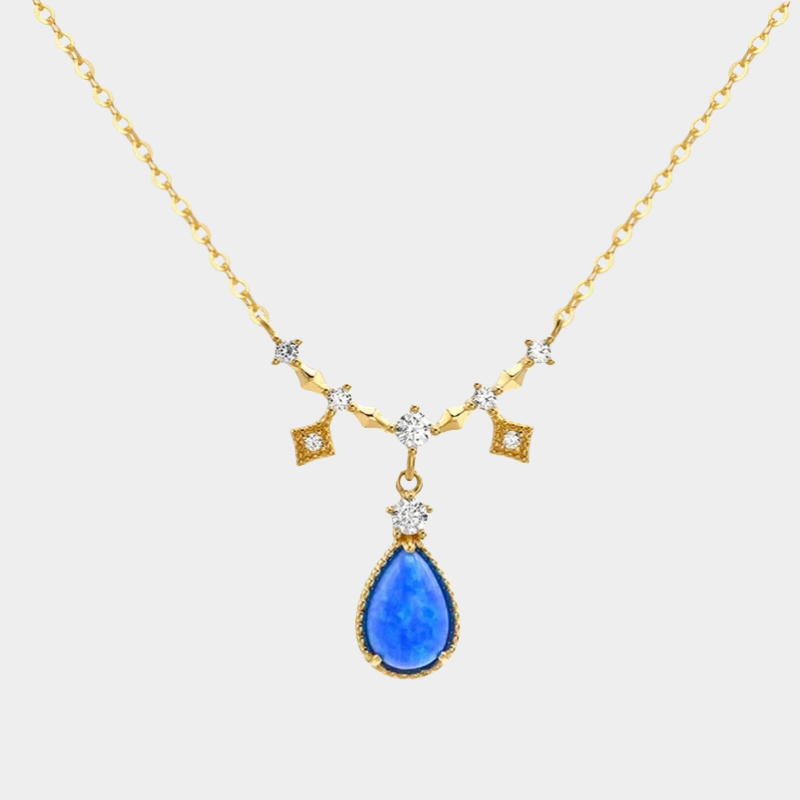 Blue Opal 14K Gold Water Drop Pendant Collarbone Necklace