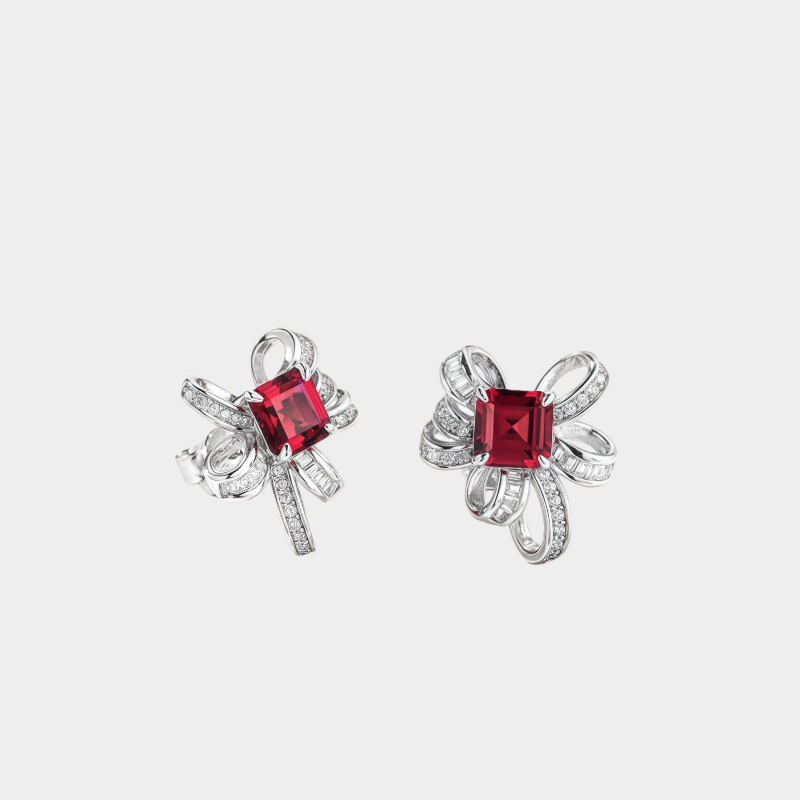 Ruby Bowknot Four-Claw Set Earrings