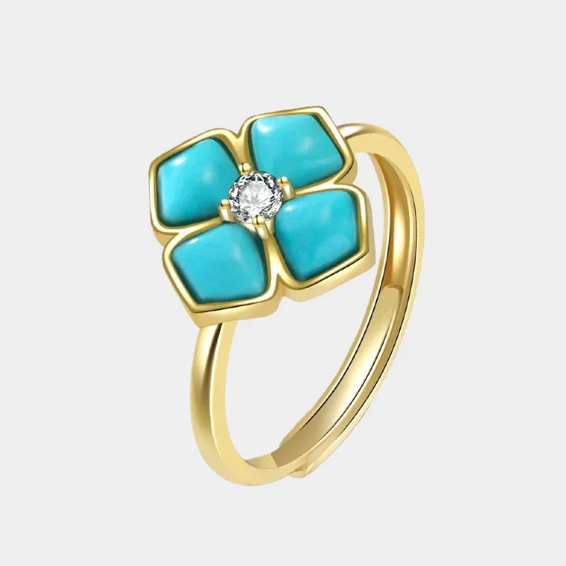 Turquoise Flower Four-Leaf Clover Open Ring - OOAKB