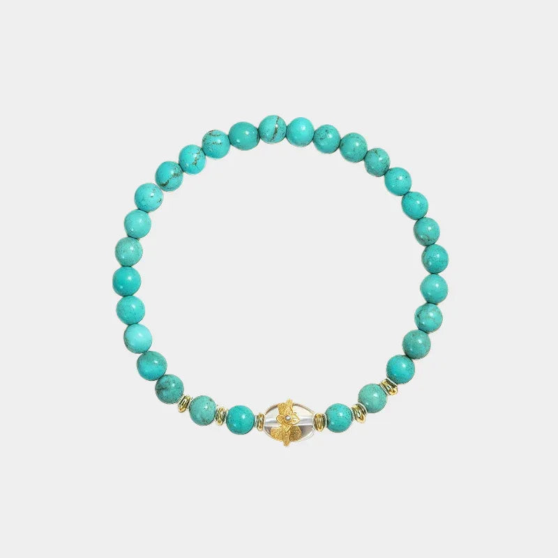 Turquoise Round Bead Crystal S925 Silver Bracelet - OOAKB
