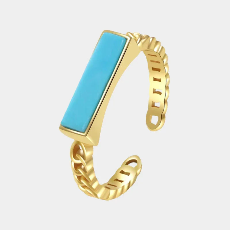 Turquoise Rectangular S925 Silver Open Ring - OOAKB