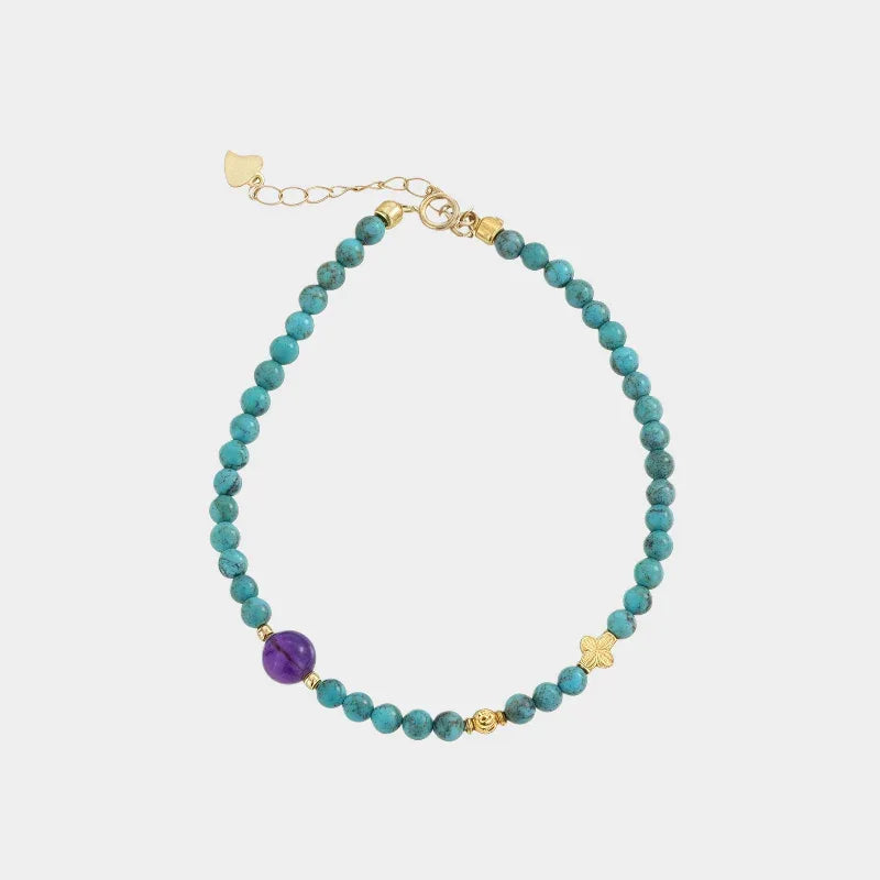 Natural Turquoise Round Bead & Amethyst Luxury Bracelet - OOAKB