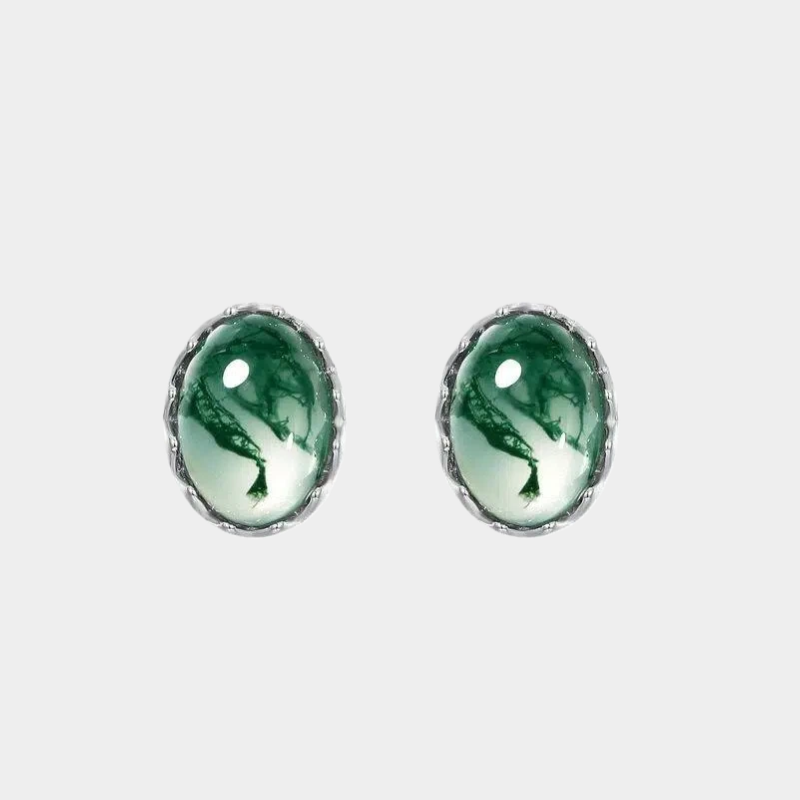 Unisex Elegant Cabochon Moss Agate Earrings