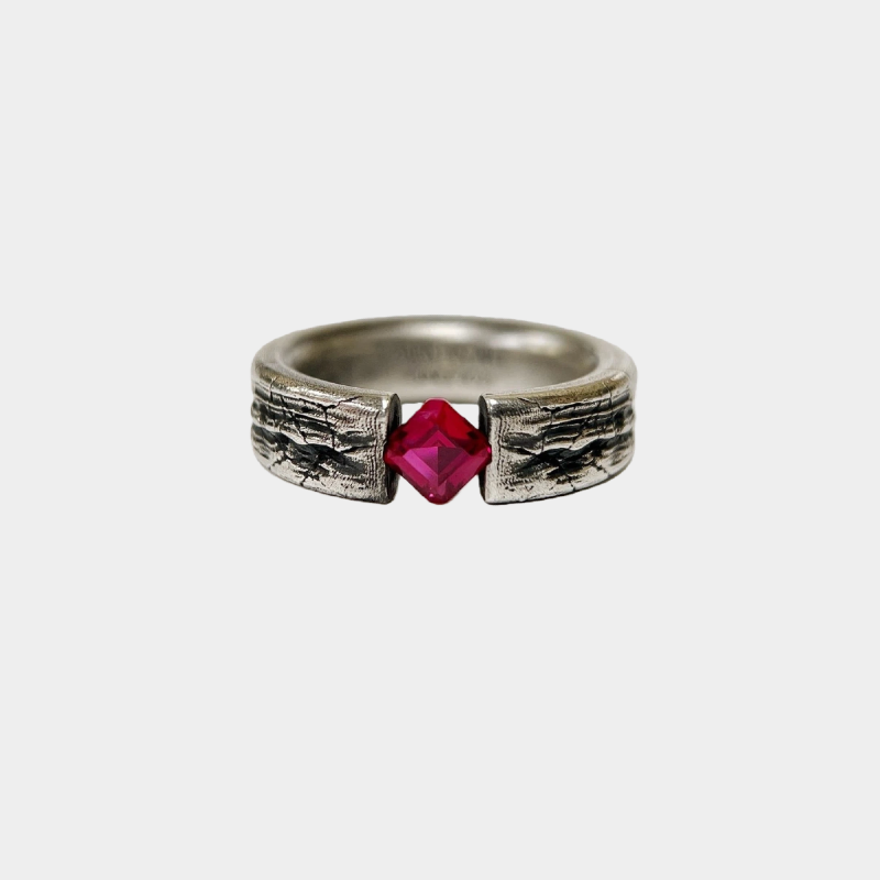 S925 Silver Handmade Hammered Vintage Ruby Ring