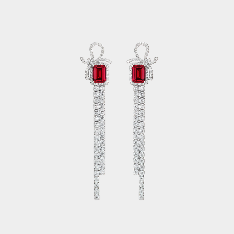 S925 Silver Ruby Bowknot Long Tassel Small Square Sugar Earrings
