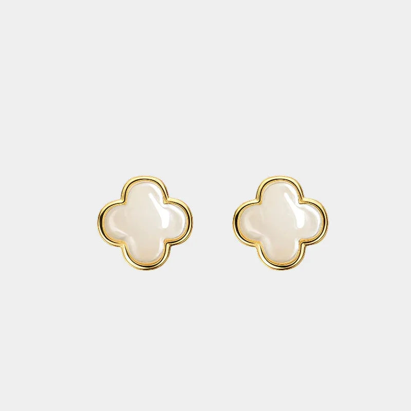 3D Lucky Clover Hetian Jade Stud Earrings S925 Silver Women's Style - OOAKB