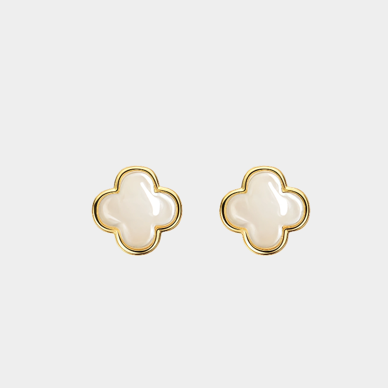 3D Lucky Clover Hetian Jade Stud Earrings S925 Silver Women's Style