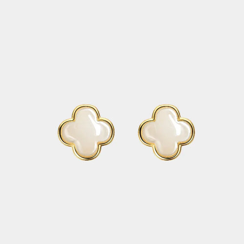 3D Lucky Clover Hetian Jade Stud Earrings S925 Silver Women's Style - OOAKB