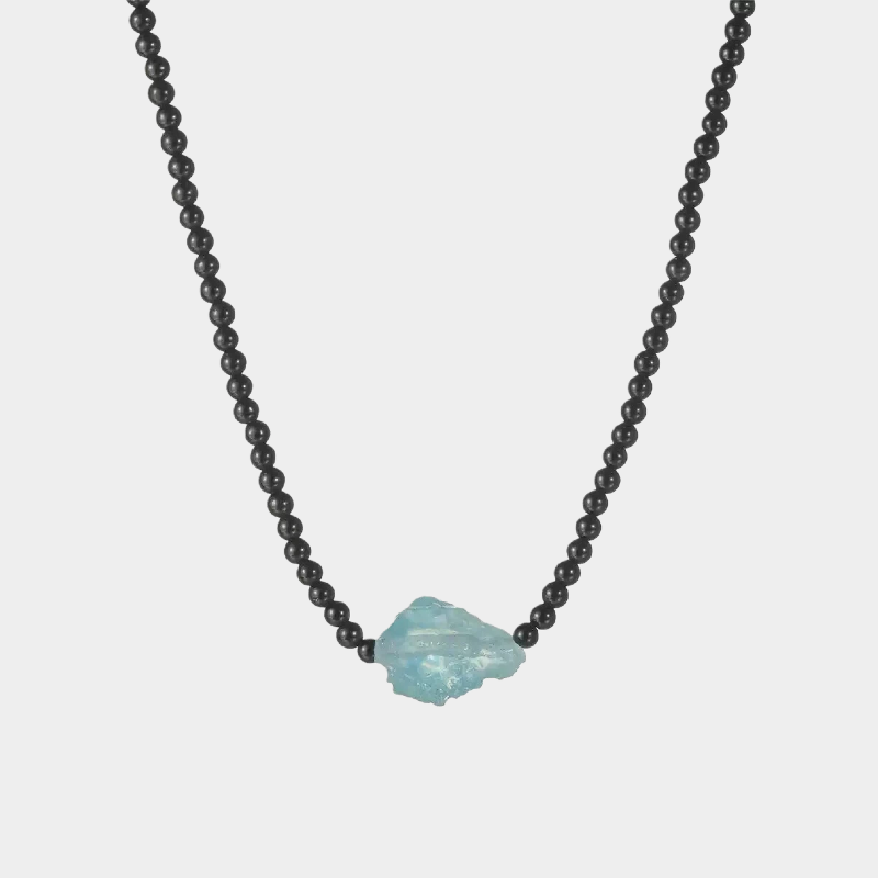 Black Agate Beaded Aquamarine Collarbone Chain