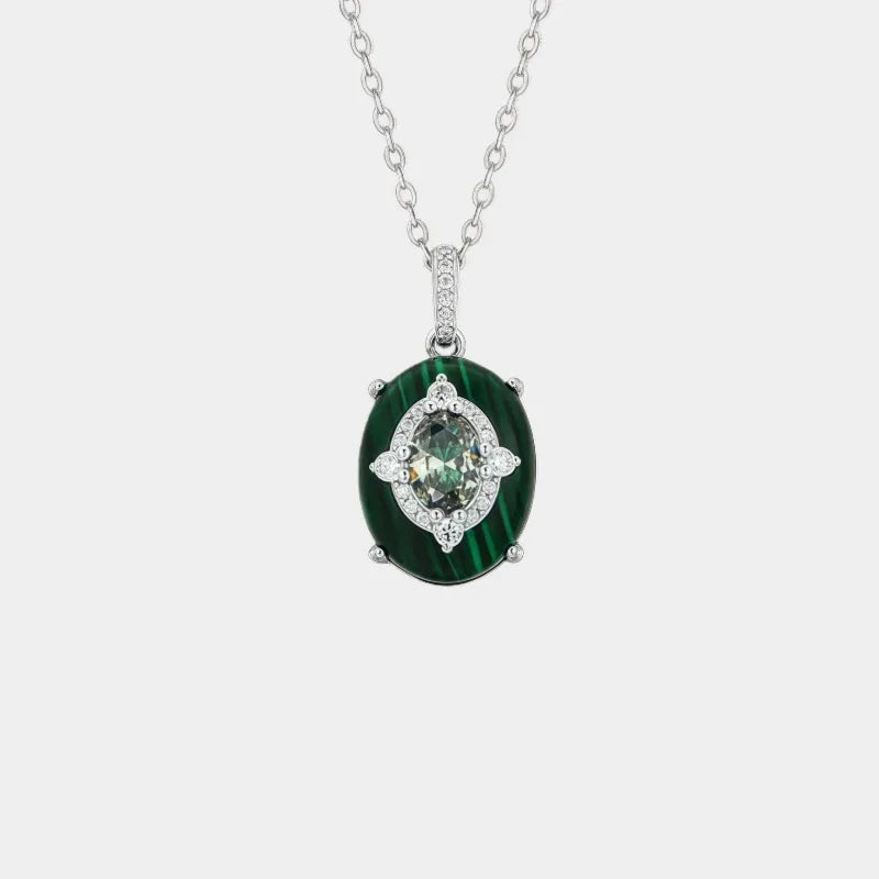 Malachite Cabochon Inlaid Sparkling Diamond Necklace S925 Silver - OOAKB