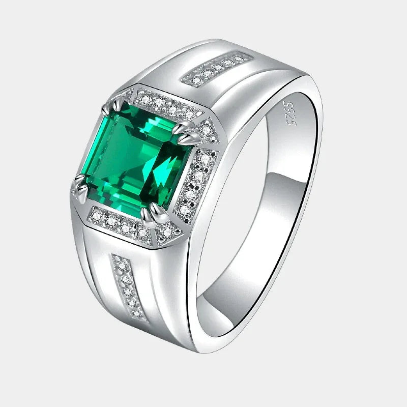 925 Sterling Silver Plated Gold Emerald Men's Ring - OOAKB