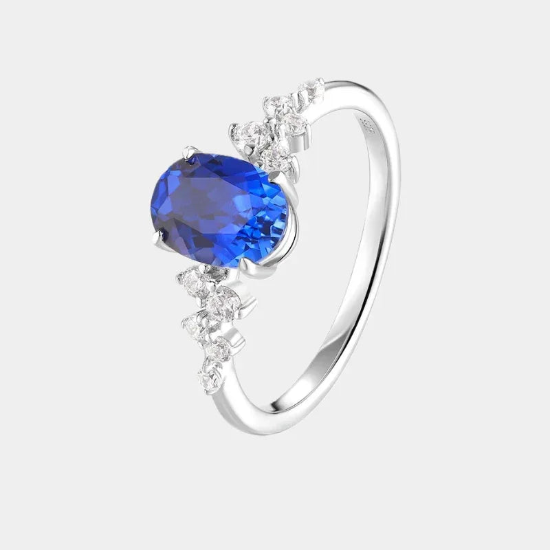 Sapphire S925 Silver Side Diamond-Accented Oval Ring - OOAKB