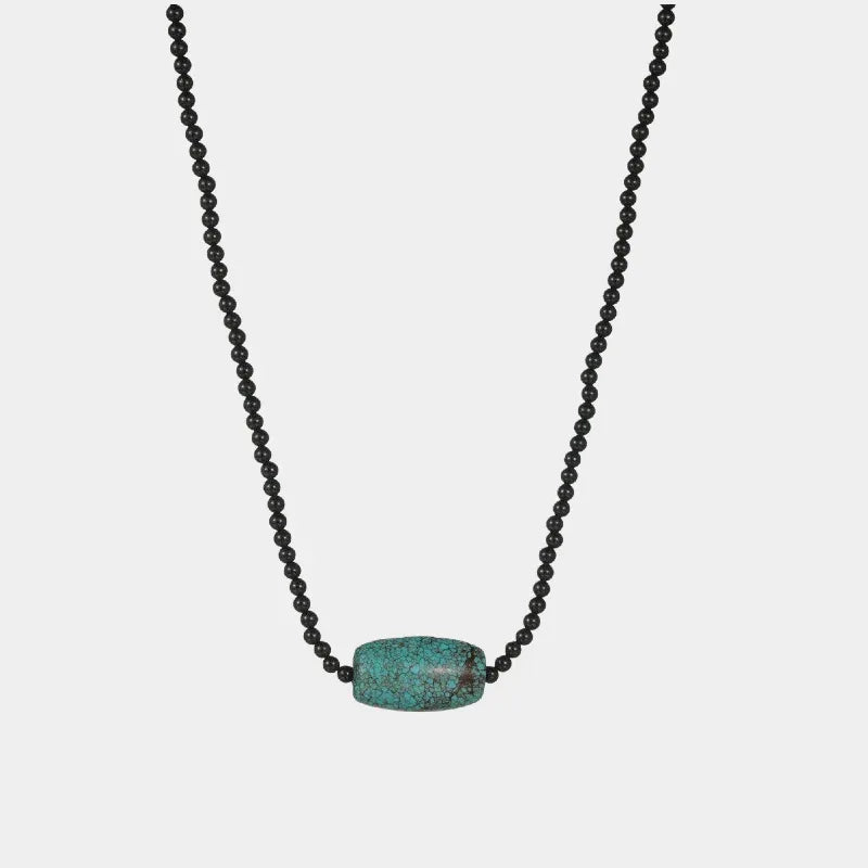 Silver Onyx Beaded Turquoise Pendant Necklace - OOAKB