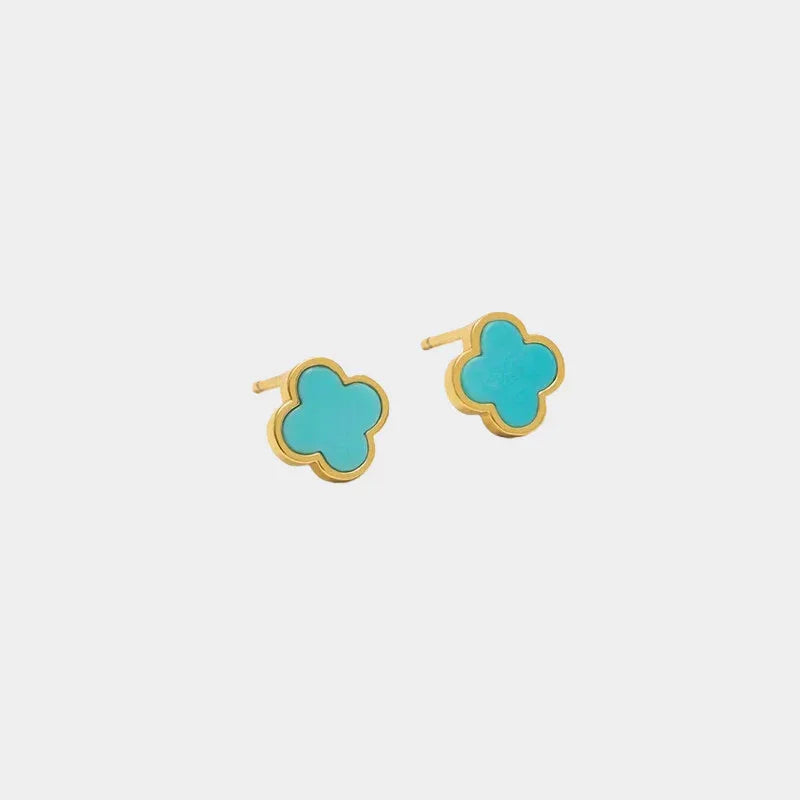 18K Gold Natural Turquoise Clover Earrings - OOAKB