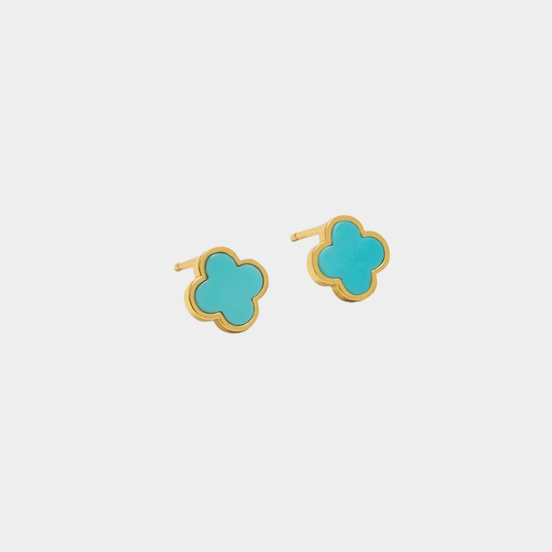 18K Gold Natural Turquoise Clover Earrings