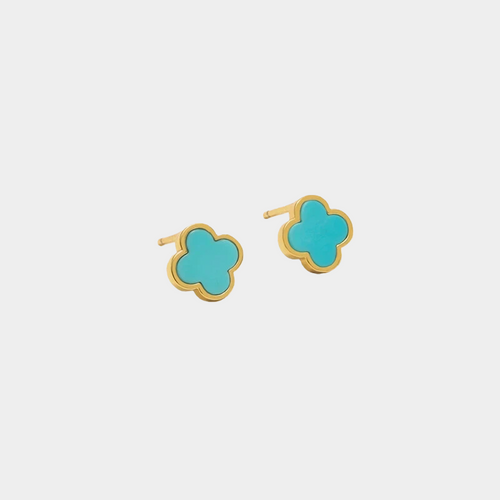 18K Gold Natural Turquoise Clover Earrings