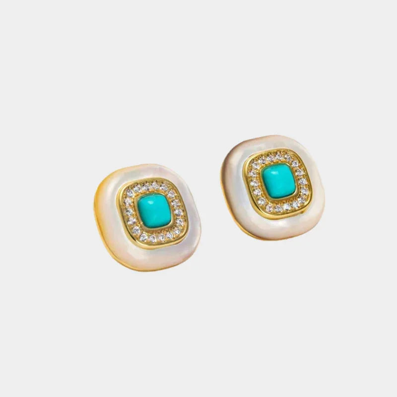 Turquoise Square White Mother of Pearl S925 Silver Earrings - OOAKB